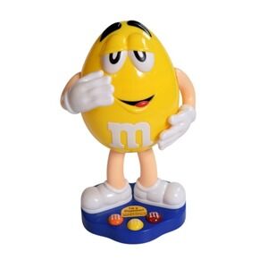 M&M's Yellow Candy Dispenser 10.5" Stand Up 2012 Blue Base Mechanical Moving Arm